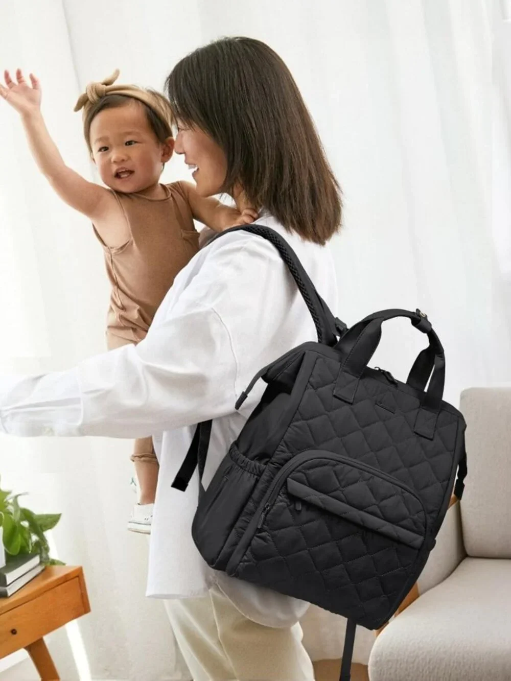 Stylish Mini Diaper Bag Backpack with Changing Pad & Stroller Straps - Black